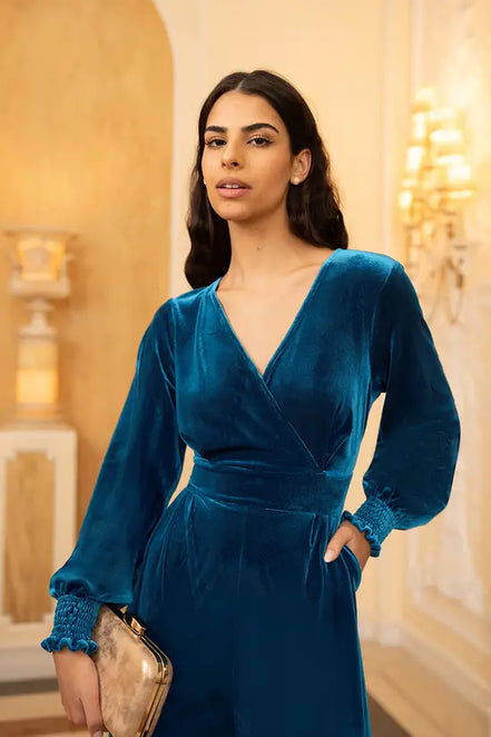 Yumi Teal Velvet Long Sleeve Jumpsuit