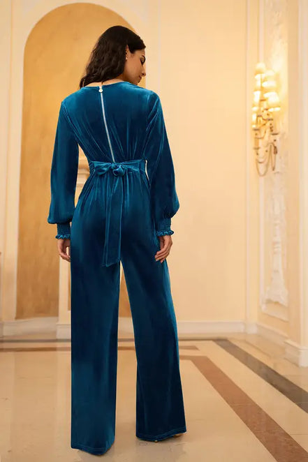 Yumi Teal Velvet Long Sleeve Jumpsuit