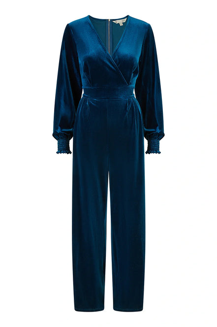 Yumi Teal Velvet Long Sleeve Jumpsuit