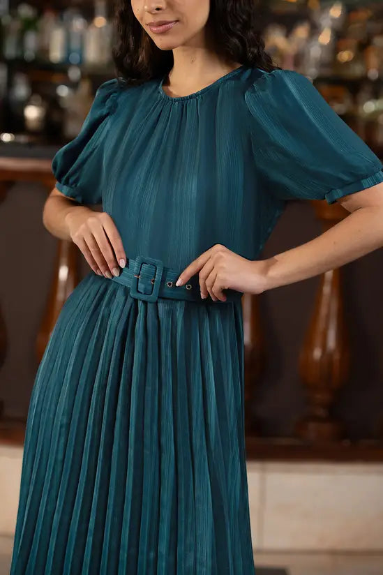 Yumi Green Satin Striped Midi Dress with Pleats and Matching Belt