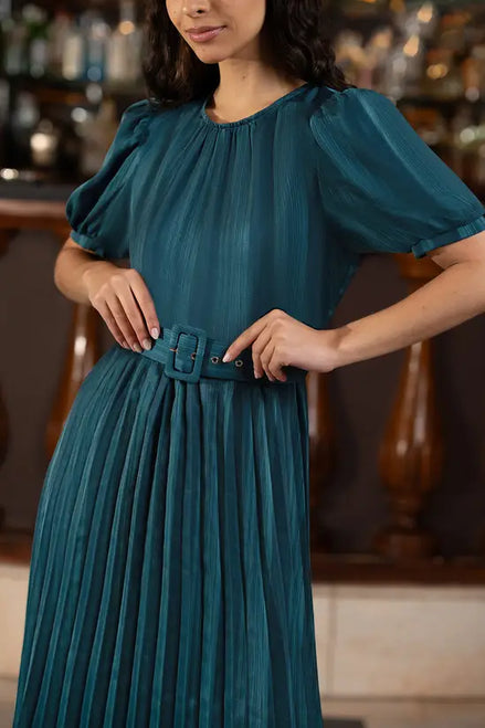 Yumi Green Satin Striped Midi Dress with Pleats and Matching Belt