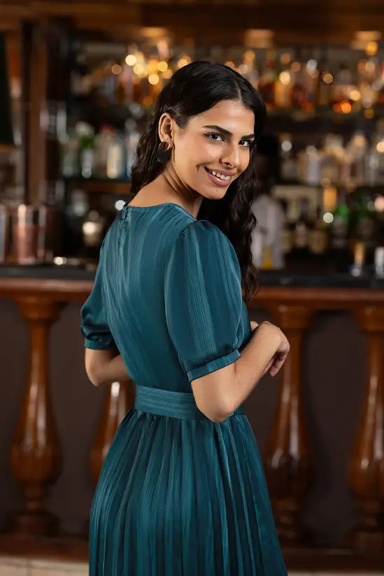 Yumi Green Satin Striped Midi Dress with Pleats and Matching Belt