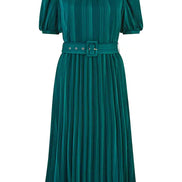 Yumi Green Satin Striped Midi Dress with Pleats and Matching Belt