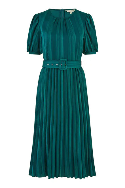 Yumi Green Satin Striped Midi Dress with Pleats and Matching Belt