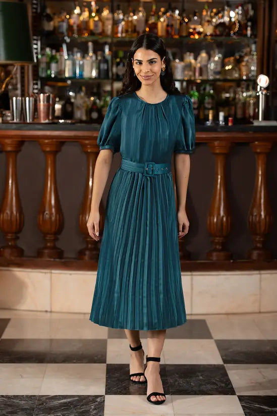 Yumi Green Satin Striped Midi Dress with Pleats and Matching Belt