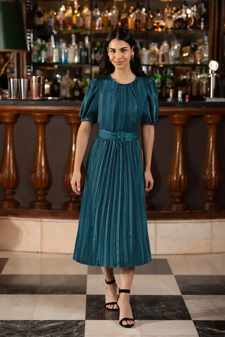 Yumi Green Satin Striped Midi Dress with Pleats and Matching Belt