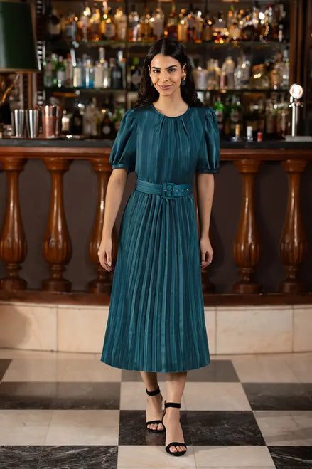 Yumi Green Satin Striped Midi Dress with Pleats and Matching Belt