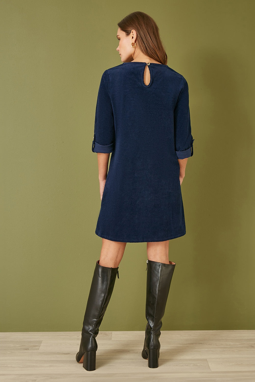 Yumi Navy Cord Tunic Dress with 3/4 Sleeves and Pockets