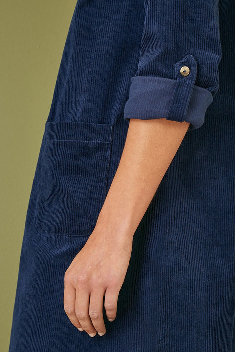 Yumi Navy Cord Tunic Dress With 3/4 Sleeves And Pockets