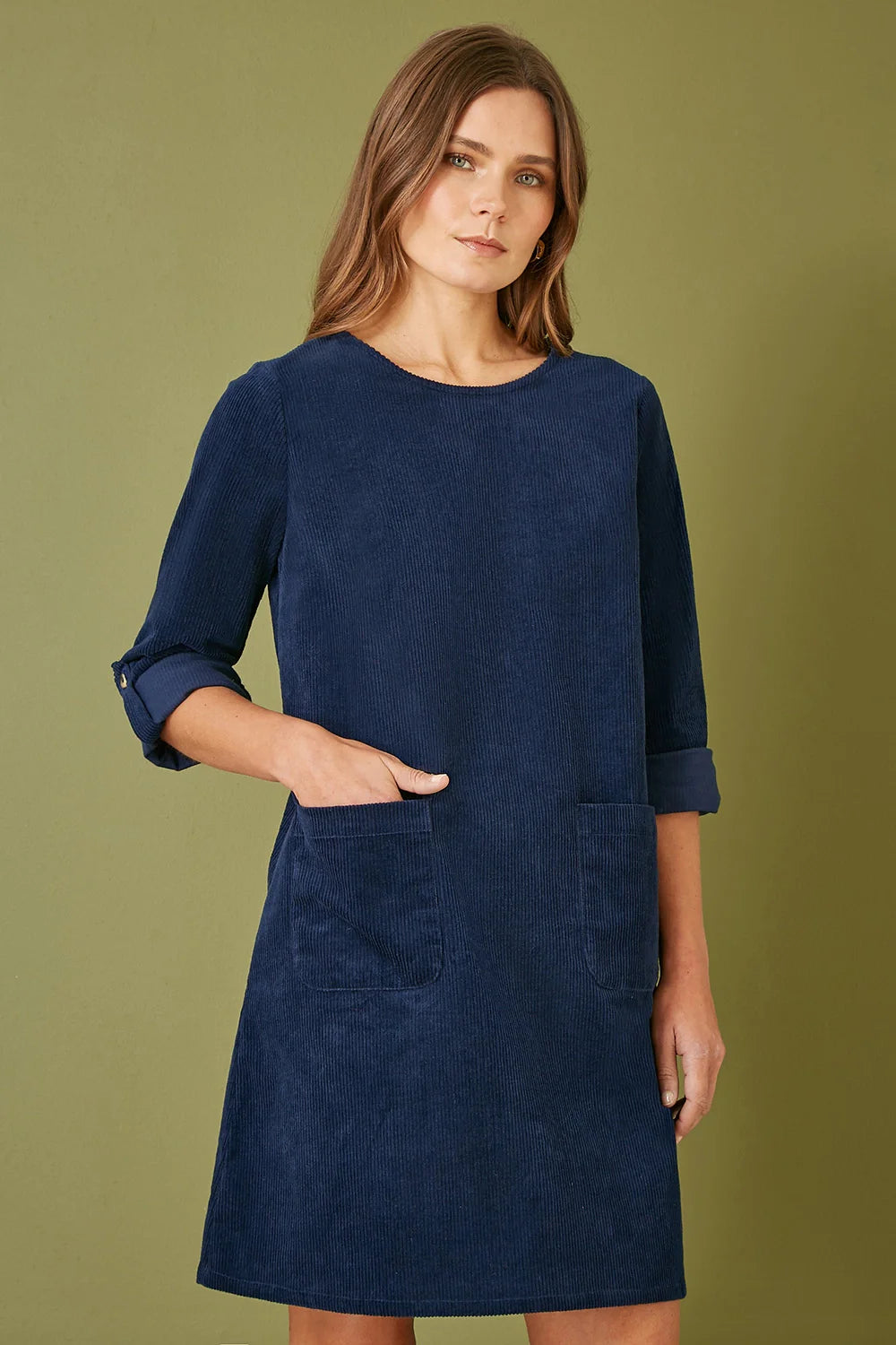 Yumi Navy Cord Tunic Dress with 3/4 Sleeves and Pockets