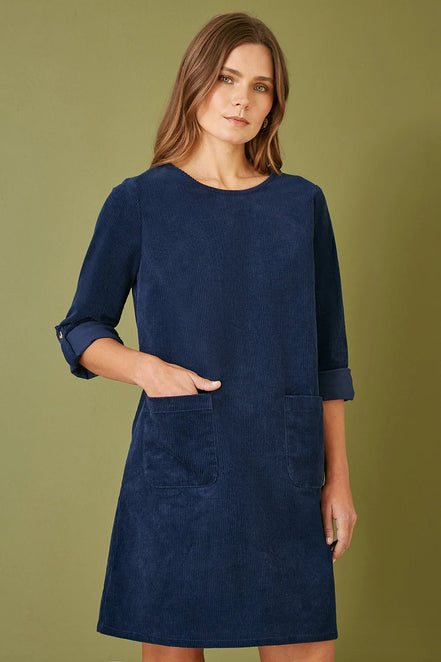 Yumi Navy Cord Tunic Dress with 3/4 Sleeves and Pockets