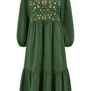 Yumi Green Long Sleeve Midi Dress with Floral Embroidery Bodice