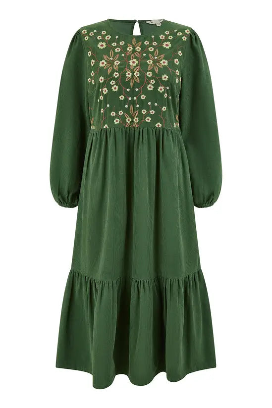 Yumi Green Long Sleeve Midi Dress with Floral Embroidery Bodice