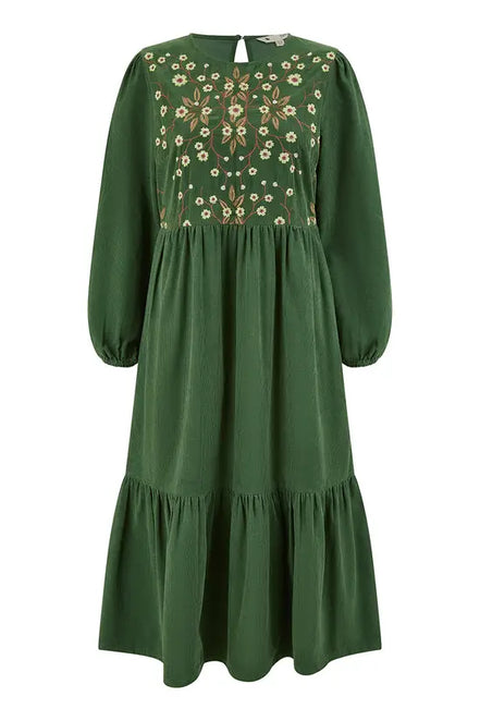 Yumi Green Long Sleeve Midi Dress with Floral Embroidery Bodice
