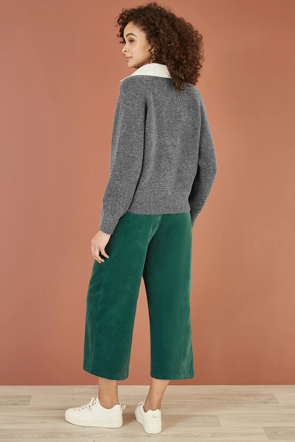 Yumi Green Cord Cropped Wide Leg Trousers with Pockets