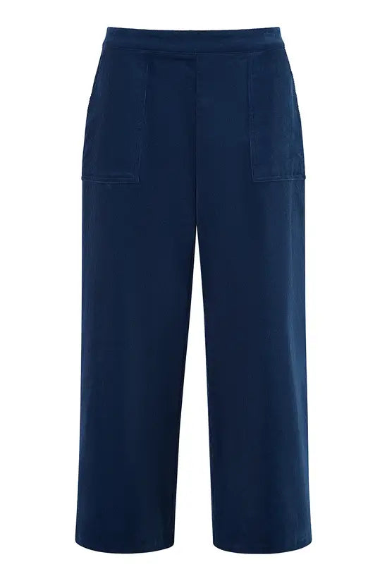 Yumi Navy Cord Cropped Wide Leg Trousers with Pockets