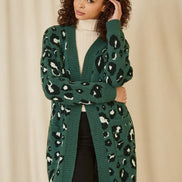 Yumi Green Animal Intarsia Long Cardigan
