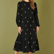 Yumi Black Long Sleeve Midi Dress with Floral Embroidery