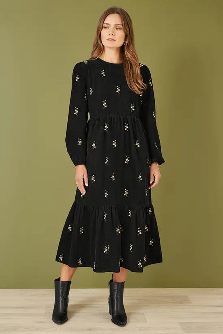 Yumi Black Long Sleeve Midi Dress with Floral Embroidery