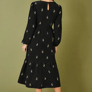 Yumi Black Long Sleeve Midi Dress with Floral Embroidery