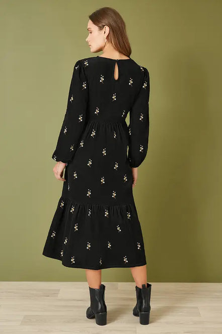 Yumi Black Long Sleeve Midi Dress with Floral Embroidery
