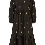 Yumi Black Long Sleeve Midi Dress with Floral Embroidery
