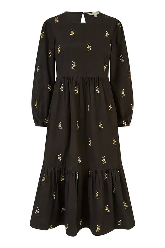Yumi Black Long Sleeve Midi Dress with Floral Embroidery