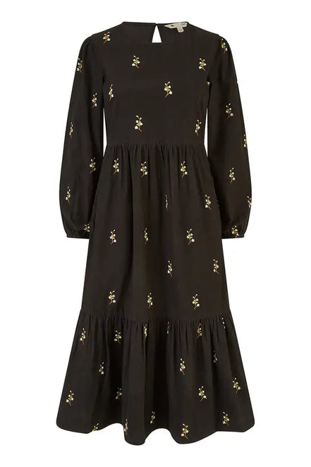 Yumi Black Long Sleeve Midi Dress with Floral Embroidery