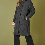 Yumi Black Padded Quilted Long Coat With Zip Detail And Hood