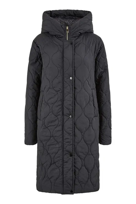 Yumi Black Padded Quilted Long Coat With Zip Detail And Hood