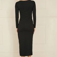 Yumi Black Midi Fitted Stretch Dress with Knot Detail