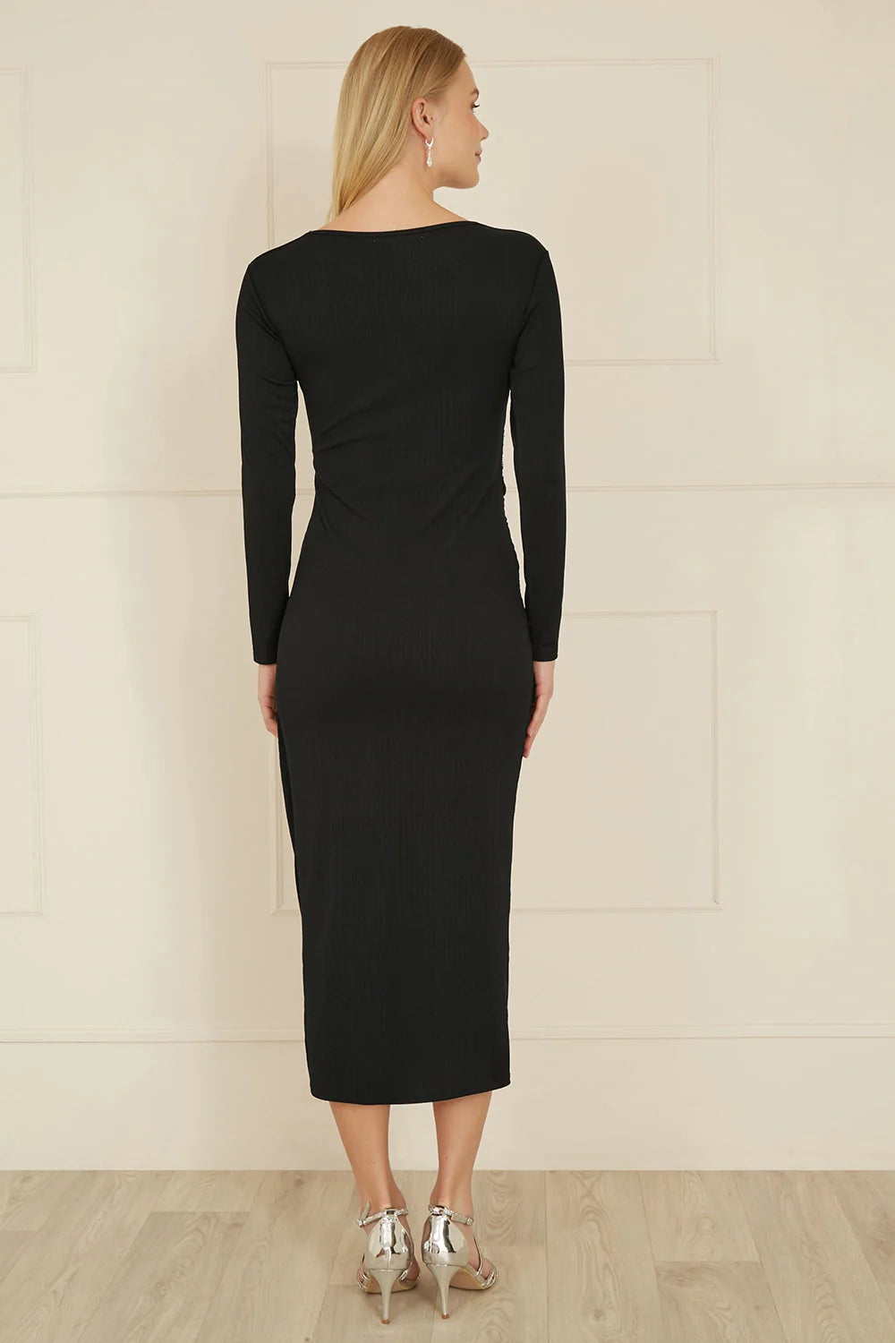 Yumi Black Midi Fitted Stretch Dress with Knot Detail