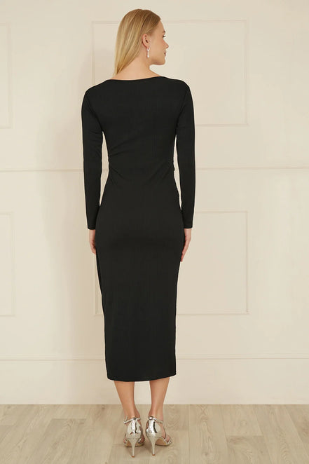 Yumi Black Midi Fitted Stretch Dress with Knot Detail