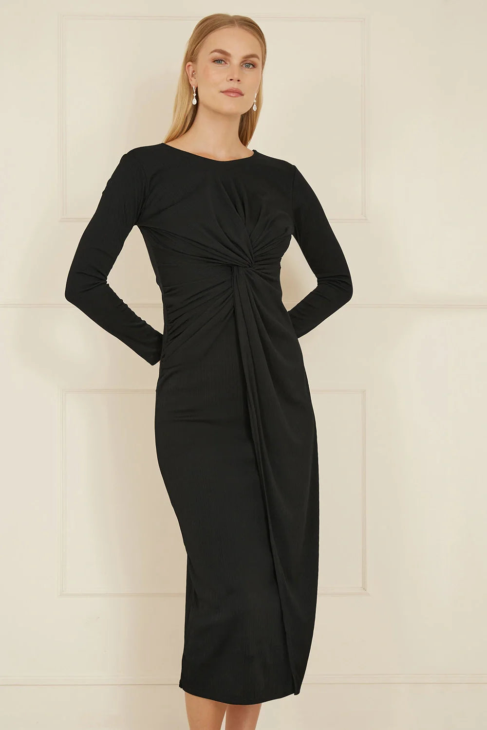 Yumi Black Midi Fitted Stretch Dress with Knot Detail