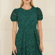 Yumi Green Lace Skater Dress with Puff Sleeves