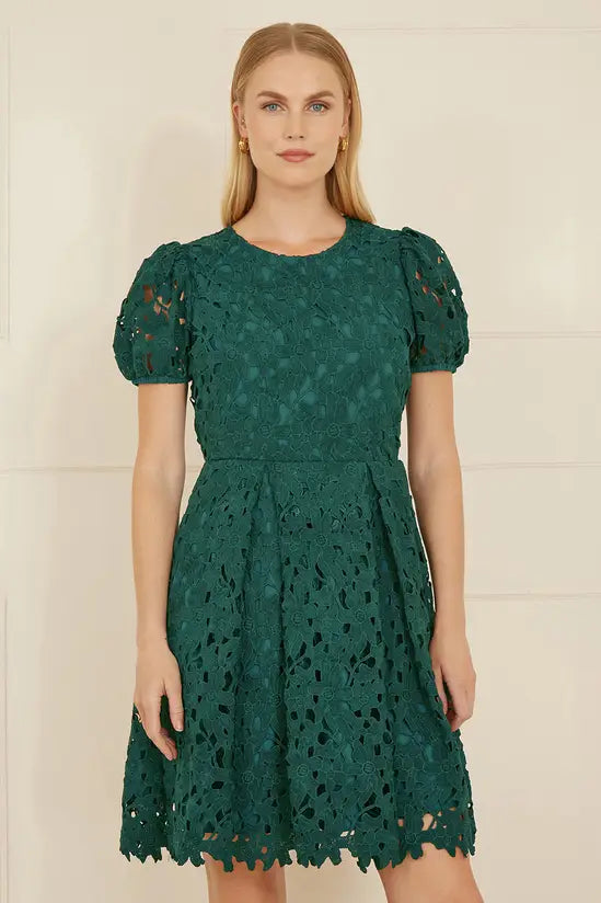 Yumi Green Lace Skater Dress with Puff Sleeves