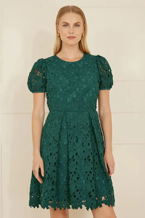Yumi Green Lace Skater Dress With Puff Sleeves