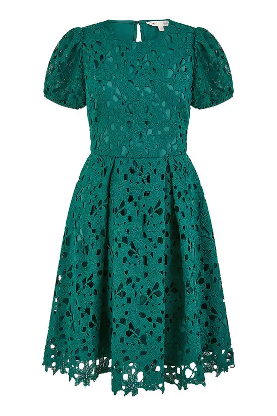 Yumi Green Lace Skater Dress with Puff Sleeves