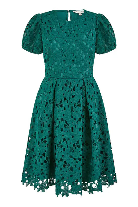 Yumi Green Lace Skater Dress with Puff Sleeves