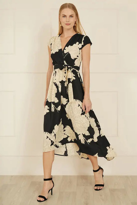 Yumi Black Blossom Print Wrap Midi with Dipped Hem