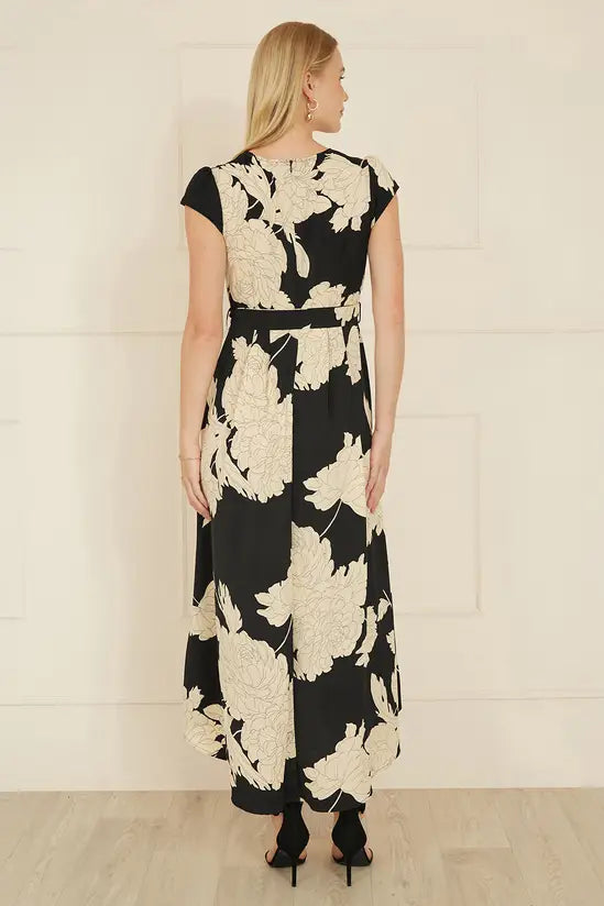Yumi Black Blossom Print Wrap Midi with Dipped Hem