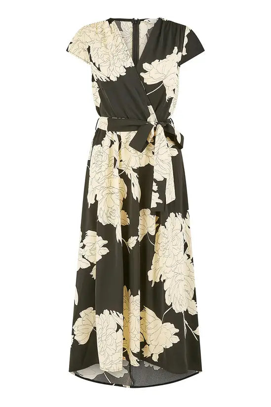 Yumi Black Blossom Print Wrap Midi with Dipped Hem