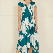 Yumi Green Blossom Print Wrap Midi with Dipped Hem