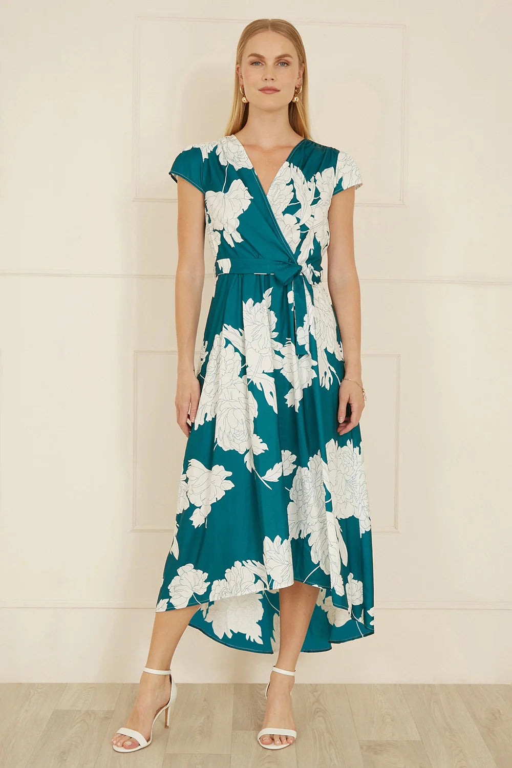 Yumi Green Blossom Print Wrap Midi with Dipped Hem
