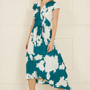 Yumi Green Blossom Print Wrap Midi with Dipped Hem