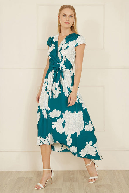 Yumi Green Blossom Print Wrap Midi with Dipped Hem