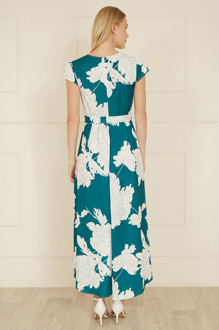 Yumi Green Blossom Print Wrap Midi with Dipped Hem