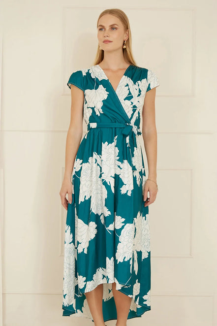 Yumi Green Blossom Print Wrap Midi with Dipped Hem