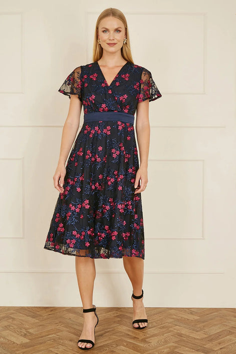 Yumi Navy Embroidered Floral Skater Dress