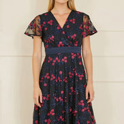 Yumi Navy Embroidered Floral Skater Dress